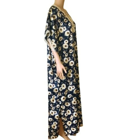 Barbizon Floral Kaftan Night Gown L Vintage Blue Daisy Maxi Muumuu House Dress - Picture 3 of 9